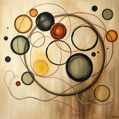 The primary subject of the image is a large, colorful circle with various shapes and colors surrounding it. The circle is the focal point of the artwork, and it is set against a wooden background. The visual style of the image is a combination of digital art and illustration, creating a vibrant and dynamic scene. The colors and mood of the artwork are lively and energetic, with a variety of hues and patterns that contribute to the overall atmosphere.